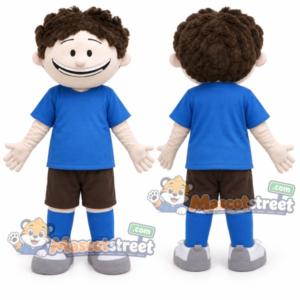 Boy Mascot Costume with Blue Shirt and Brown Shorts