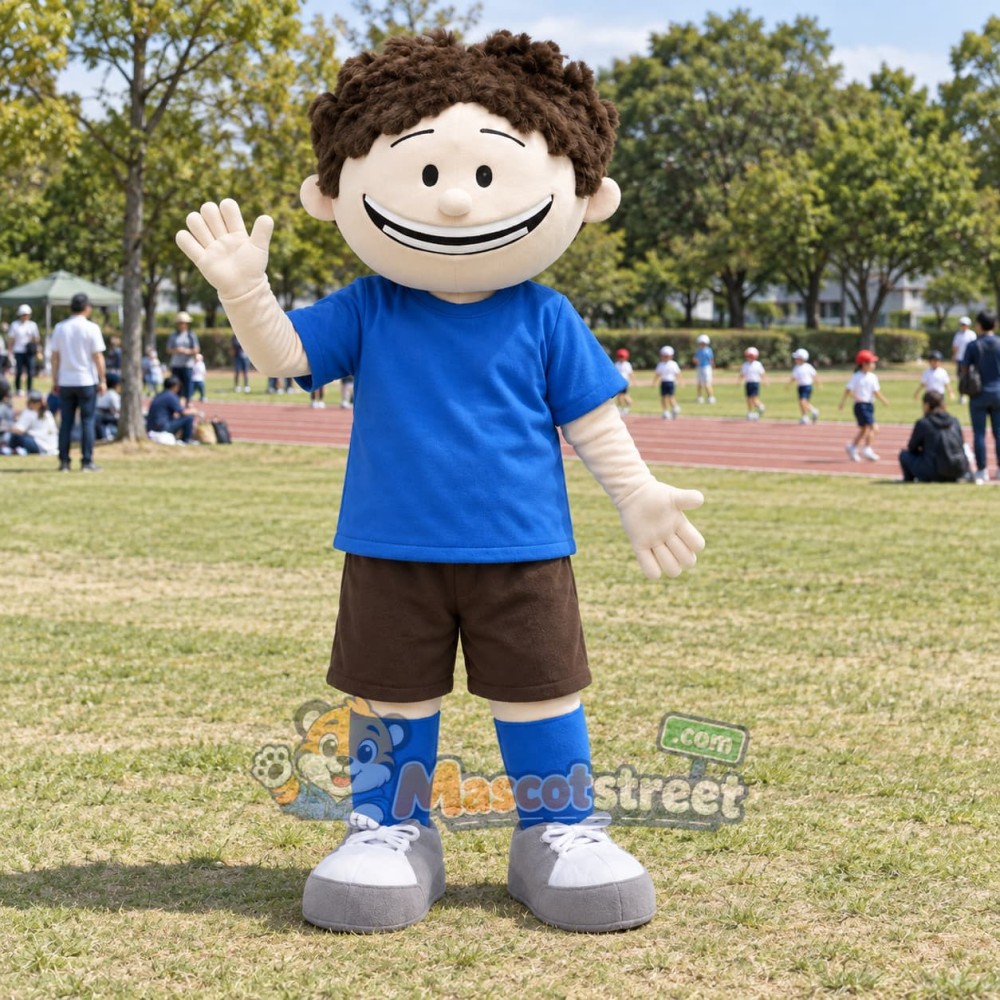 Boy Mascot Costume with Blue Shirt and Brown Shorts Boy Mascot Costume with Blue Shirt and Brown Shorts