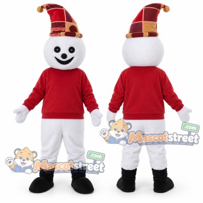 Snowman Mascot Costume with Red Sweater and Jester Hat