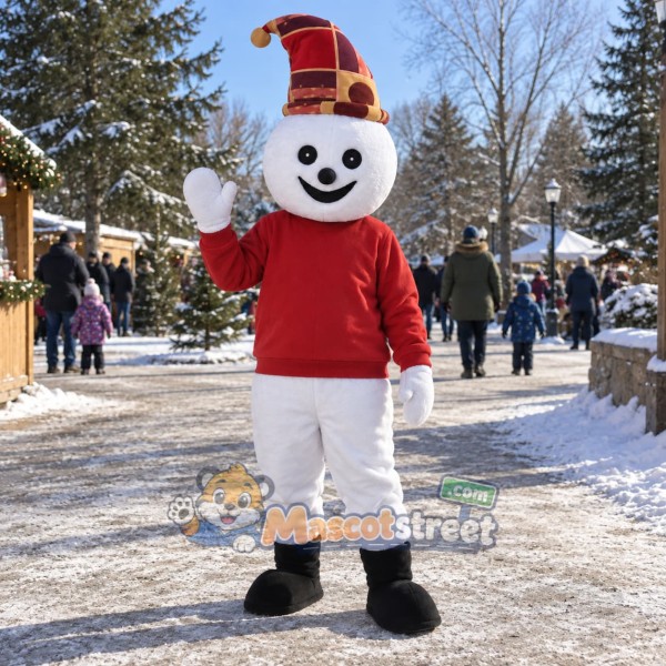 Snowman Mascot Costume with Red Sweater and Jester Hat