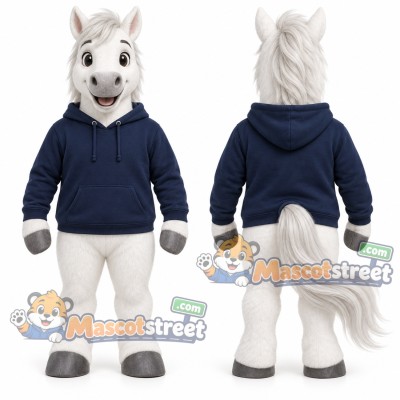 White Horse Mascot Costume with Navy Hoodie