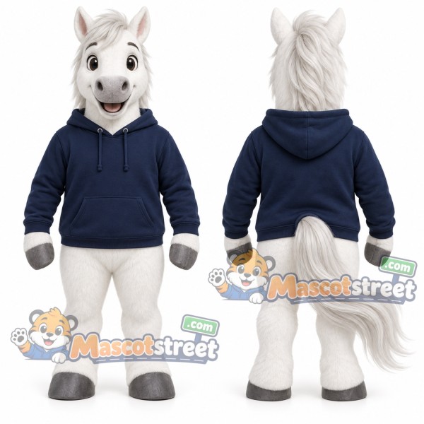 White Horse Mascot Costume with Navy Hoodie