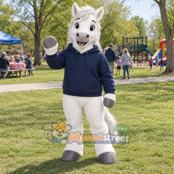 White Horse Mascot Costume with Navy Hoodie