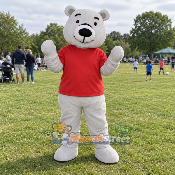 White Bear Mascot Costume with Red Shirt