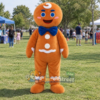 Gingerbread Man Mascot Costume with Blue Bow Tie Gingerbread Man Mascot Costume with Blue Bow Tie