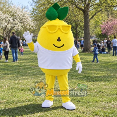 Yellow Lemon Mascot Costume with White Shirt and Sunglasses