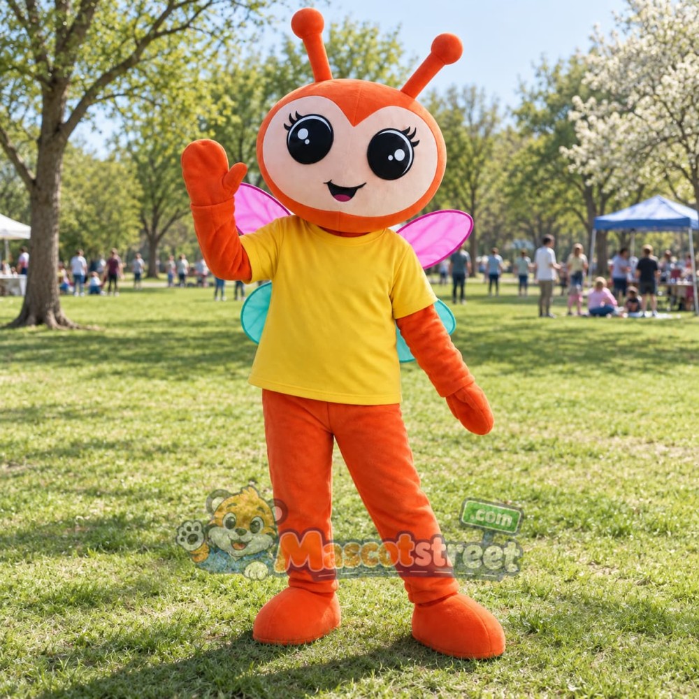 Orange Firefly Mascot Costume with Yellow Shirt Orange Firefly Mascot Costume with Yellow Shirt