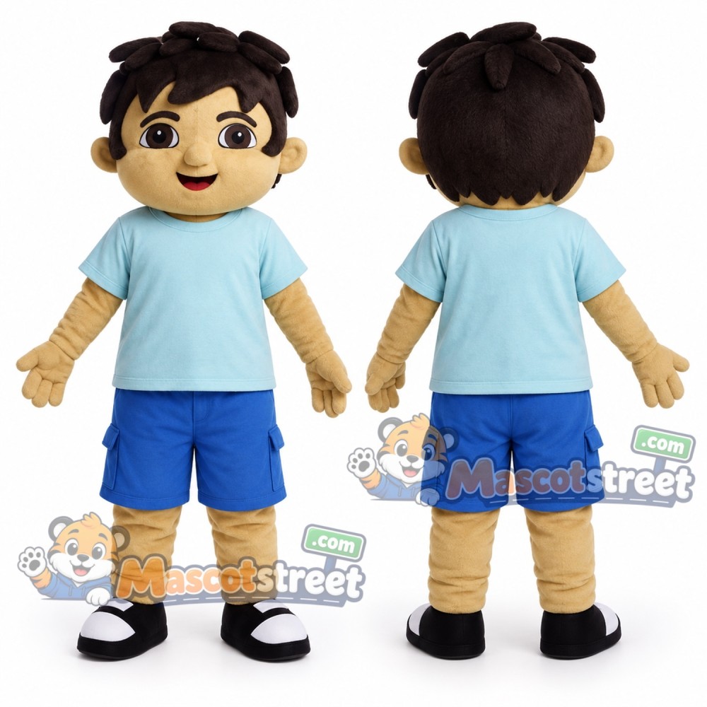 Boy Mascot Costume with Light Blue Shirt and Blue Shorts