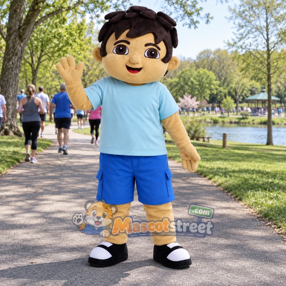 Boy Mascot Costume with Light Blue Shirt and Blue Shorts