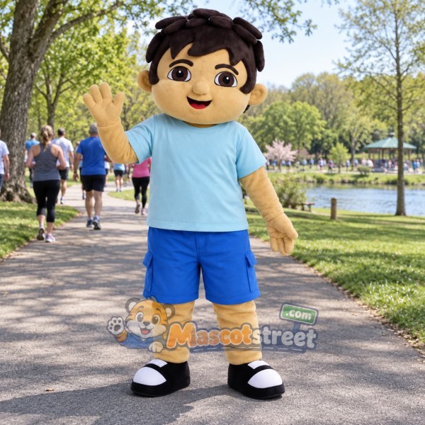 Boy Mascot Costume with Light Blue Shirt and Blue Shorts