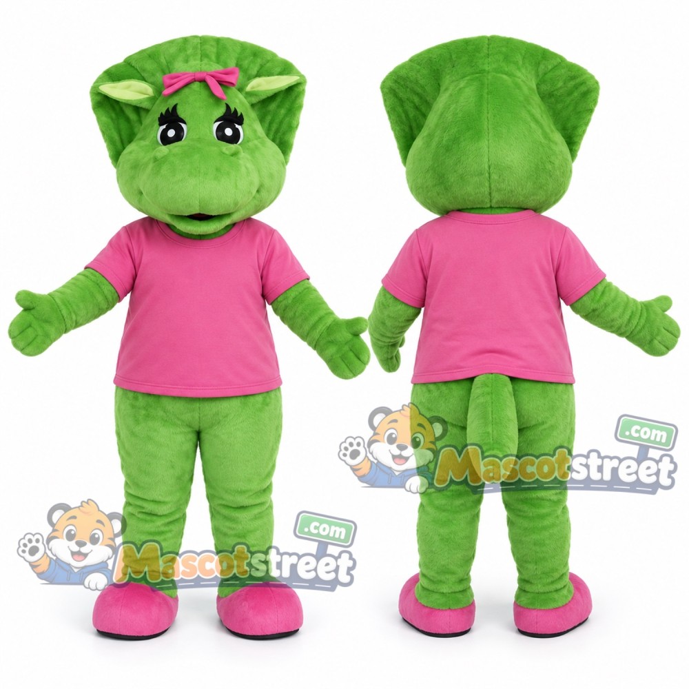 Green Triceratops Mascot Costume with Pink Shirt