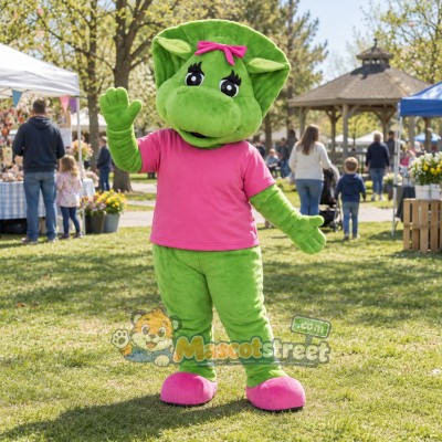 Green Triceratops Mascot Costume with Pink Shirt