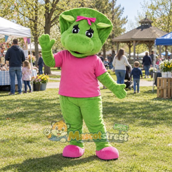 Green Triceratops Mascot Costume with Pink Shirt