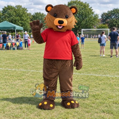 Brown Bear Mascot Costume with Red Shirt Brown Bear Mascot Costume with Red Shirt