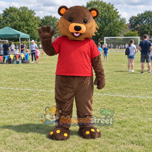 Brown Bear Mascot Costume with Red Shirt