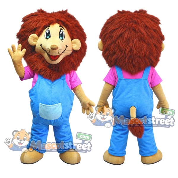Brown Lion Mascot Costume with Blue Overalls and Pink Shirt