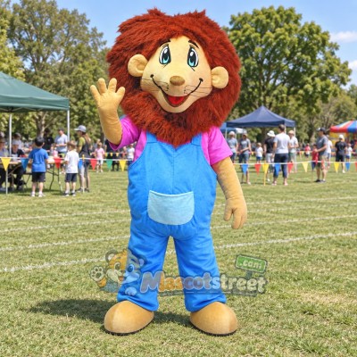 Brown Lion Mascot Costume with Blue Overalls and Pink Shirt
