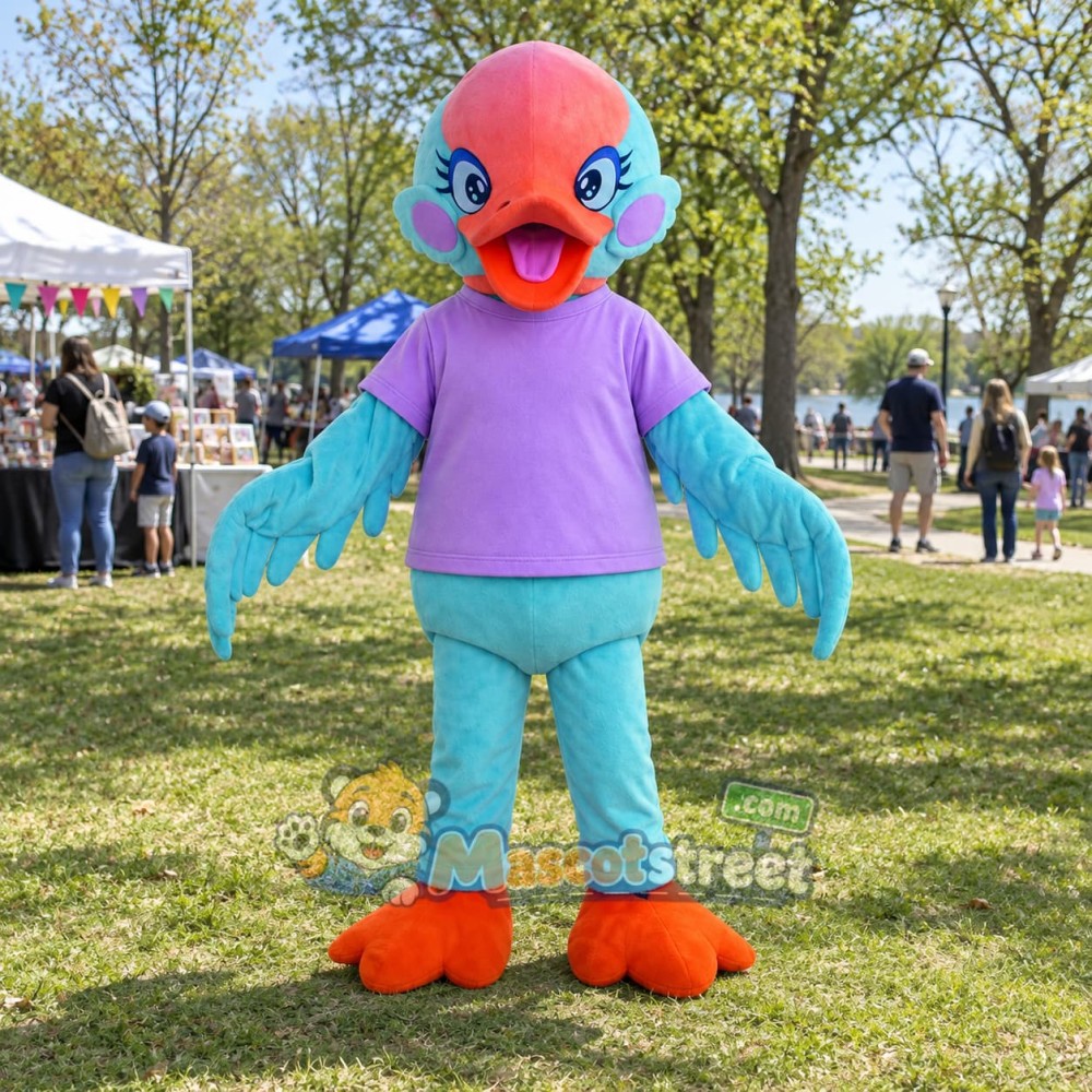 Blue Swan Mascot Costume with Purple Shirt Blue Swan Mascot Costume with Purple Shirt