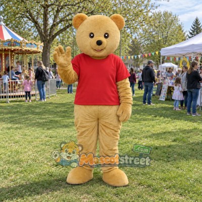 Tan Bear Mascot Costume with Red Shirt Tan Bear Mascot Costume with Red Shirt