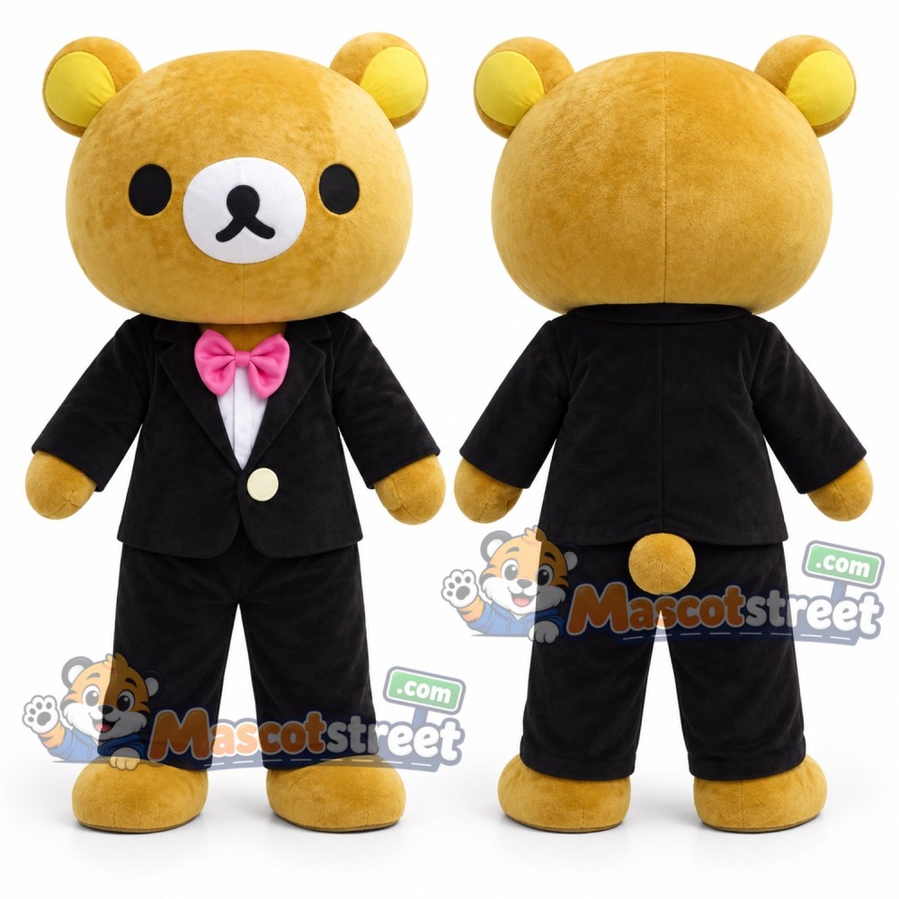 Yellow Bear Mascot Costume with Black Suit and Pink Bow Tie Yellow Bear Mascot Costume with Black Suit and Pink Bow Tie