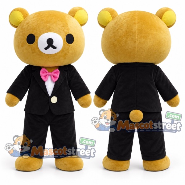 Yellow Bear Mascot Costume with Black Suit and Pink Bow Tie