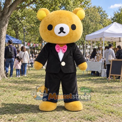 Yellow Bear Mascot Costume with Black Suit and Pink Bow Tie Yellow Bear Mascot Costume with Black Suit and Pink Bow Tie