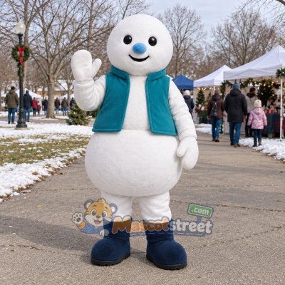 Snowman Mascot Costume with Teal Vest Snowman Mascot Costume with Teal Vest
