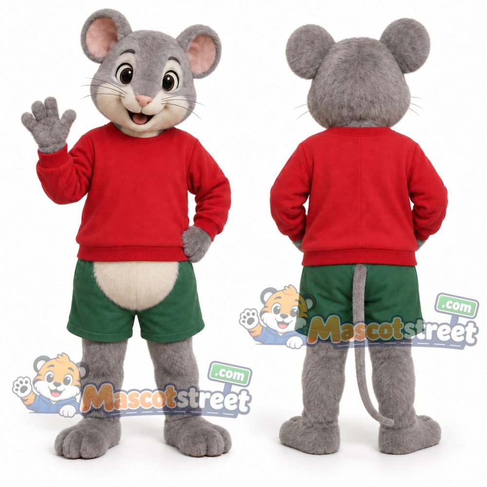 Gray Mouse Mascot Costume with Red Sweater and Green Shorts