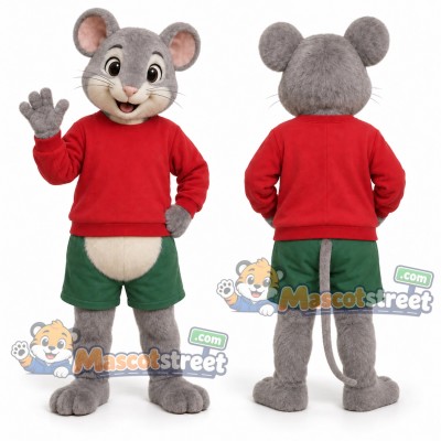 Gray Mouse Mascot Costume with Red Sweater and Green Shorts