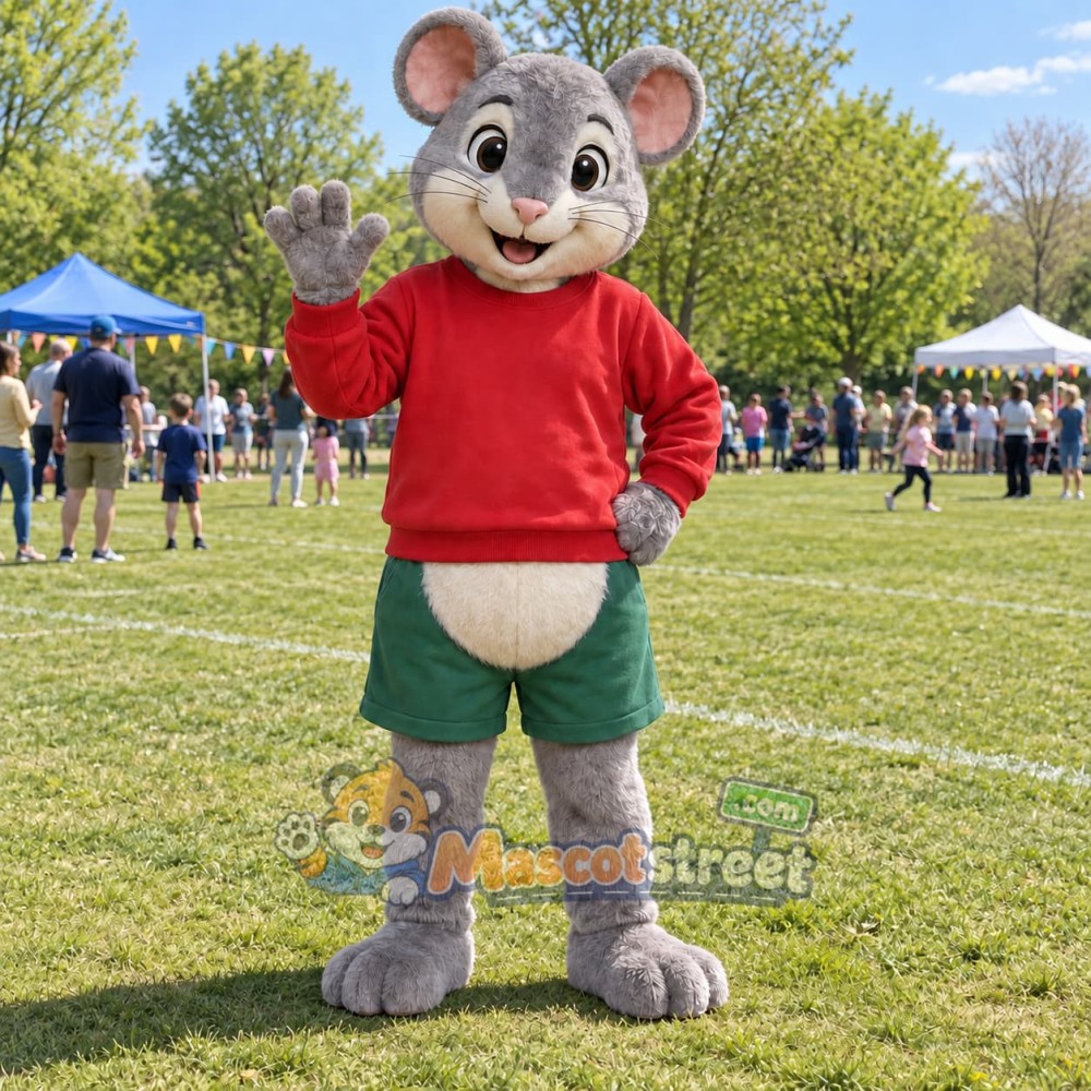 Gray Mouse Mascot Costume with Red Sweater and Green Shorts