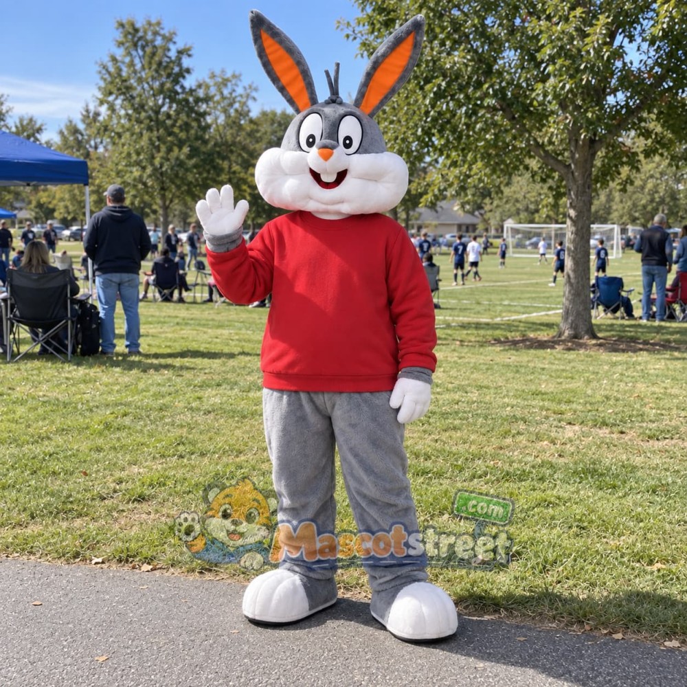 Gray Rabbit Mascot Costume with Red Sweater Gray Rabbit Mascot Costume with Red Sweater