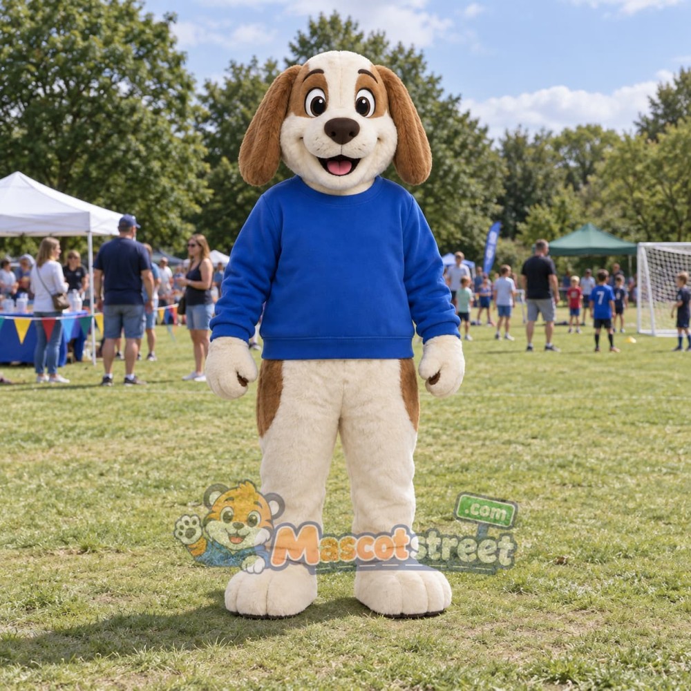 Tan Dog Mascot Costume with Blue Sweater Tan Dog Mascot Costume with Blue Sweater