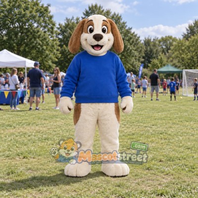 Tan Dog Mascot Costume with Blue Sweater Tan Dog Mascot Costume with Blue Sweater