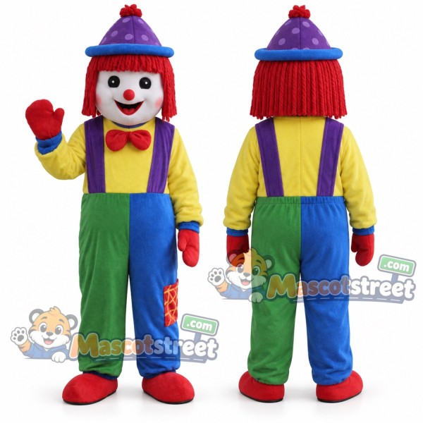 Clown Mascot Costume with Multicolor Overalls and Knit Hat