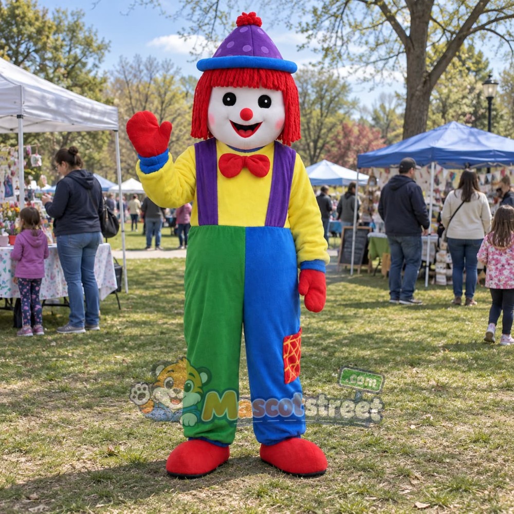 Clown Mascot Costume with Multicolor Overalls and Knit Hat Clown Mascot Costume with Multicolor Overalls and Knit Hat