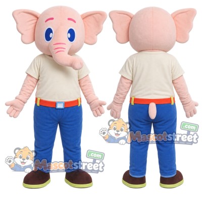 Pink Elephant Mascot Costume with Cream Shirt and Blue Pants Pink Elephant Mascot Costume with Cream Shirt and Blue Pants