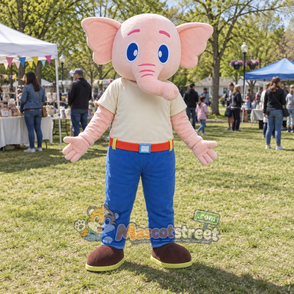 Pink Elephant Mascot Costume with Cream Shirt and Blue Pants Pink Elephant Mascot Costume with Cream Shirt and Blue Pants