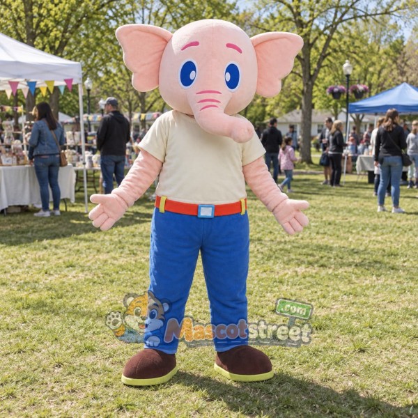 Pink Elephant Mascot Costume with Cream Shirt and Blue Pants