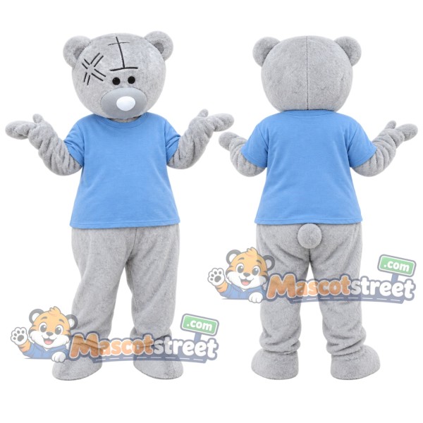 Gray Bear Mascot Costume with Blue Shirt