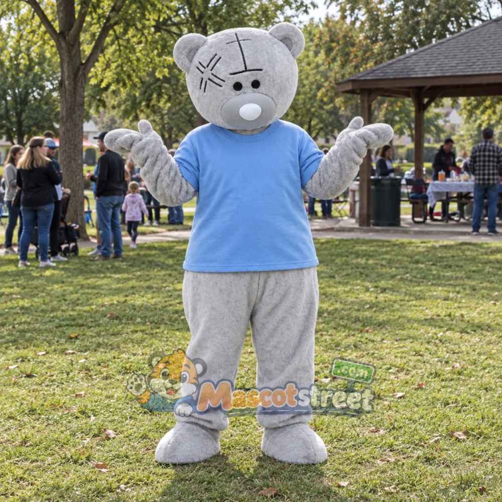 Gray Bear Mascot Costume with Blue Shirt Gray Bear Mascot Costume with Blue Shirt