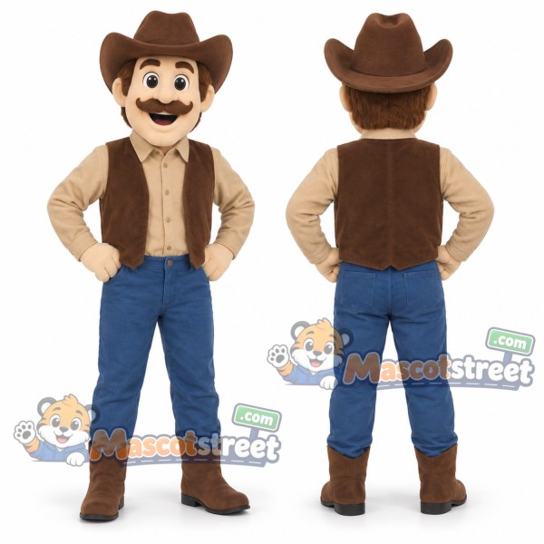 Cowboy Mascot Costume with Brown Vest and Blue Pants
