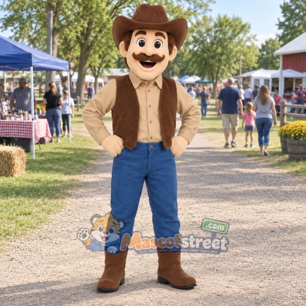 Cowboy Mascot Costume with Brown Vest and Blue Pants