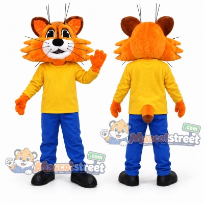 Orange Wildcat Mascot Costume with Yellow Shirt and Blue Pants Orange Wildcat Mascot Costume with Yellow Shirt and Blue Pants