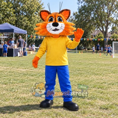Orange Wildcat Mascot Costume with Yellow Shirt and Blue Pants Orange Wildcat Mascot Costume with Yellow Shirt and Blue Pants