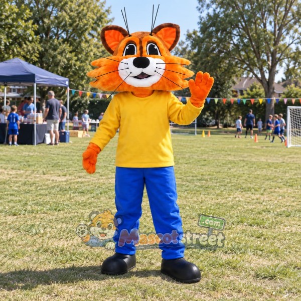Orange Wildcat Mascot Costume with Yellow Shirt and Blue Pants