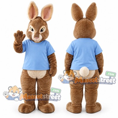 Brown Rabbit Mascot Costume with Blue Shirt