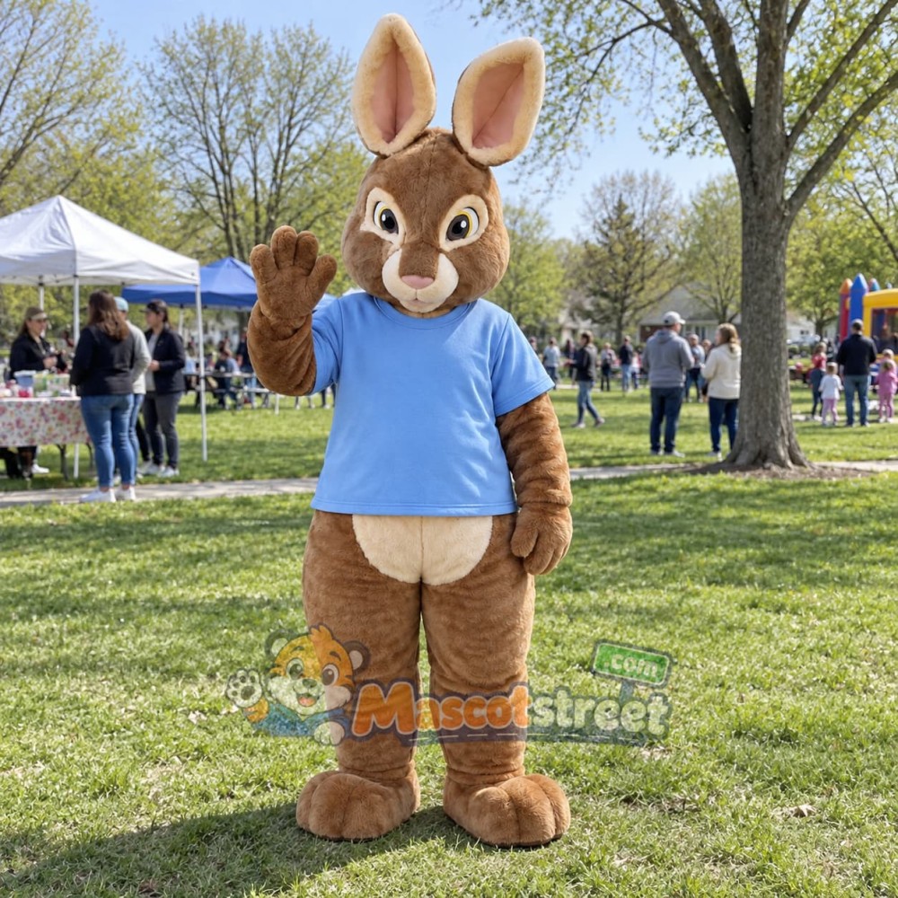 Brown Rabbit Mascot Costume with Blue Shirt