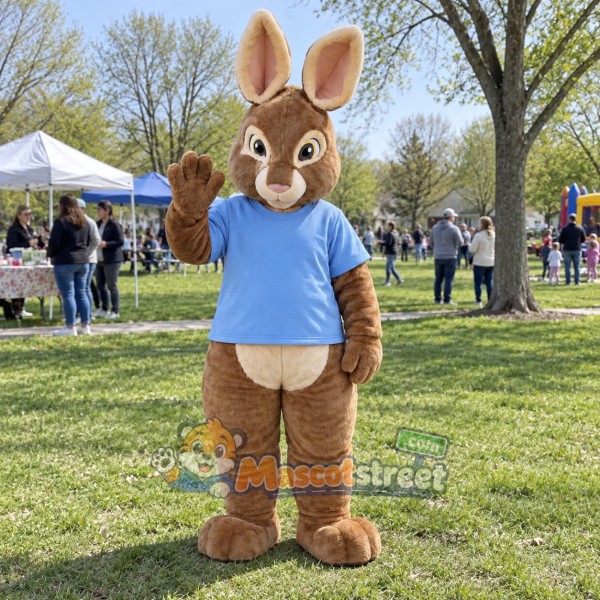 Brown Rabbit Mascot Costume with Blue Shirt