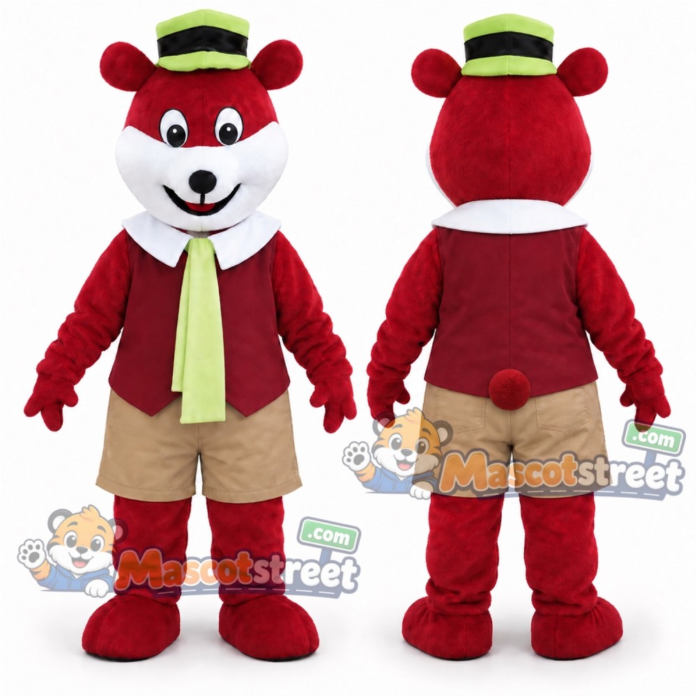 Red Bear Mascot Costume with Green Vest and Straw Hat Red Bear Mascot Costume with Green Vest and Straw Hat