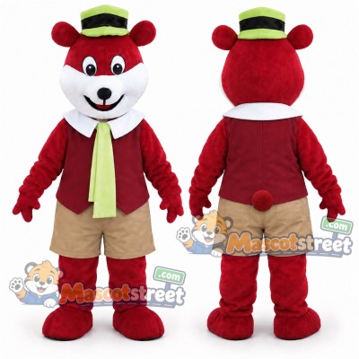 Red Bear Mascot Costume with Green Vest and Straw Hat Red Bear Mascot Costume with Green Vest and Straw Hat